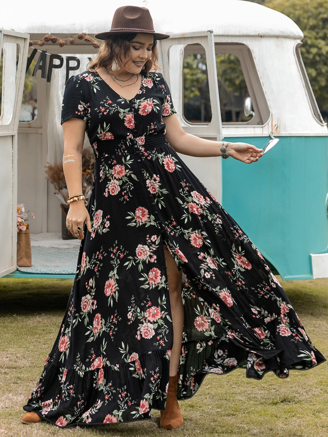 Plus Size Button Detail Printed V-Neck Short Sleeve Maxi Dress Black OutfitFlow