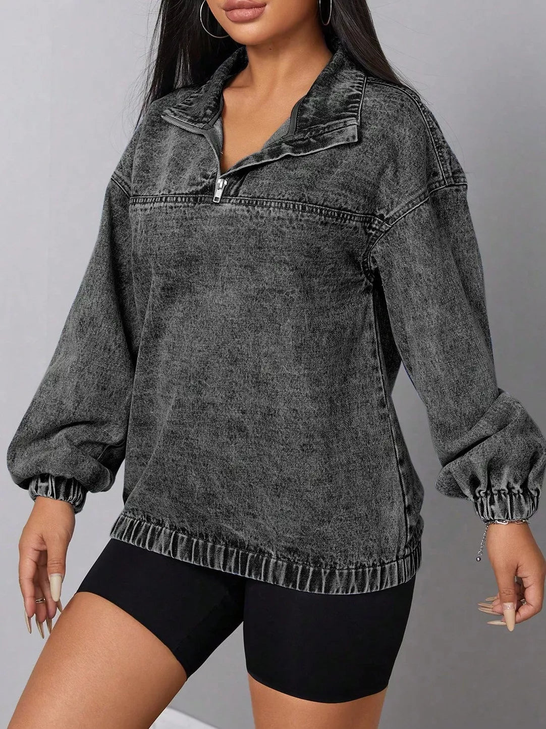 Elastic Hem Quarter Zip Denim Top OutfitFlow