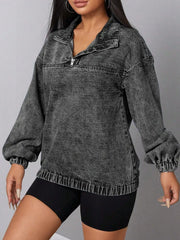 Elastic Hem Quarter Zip Denim Top OutfitFlow