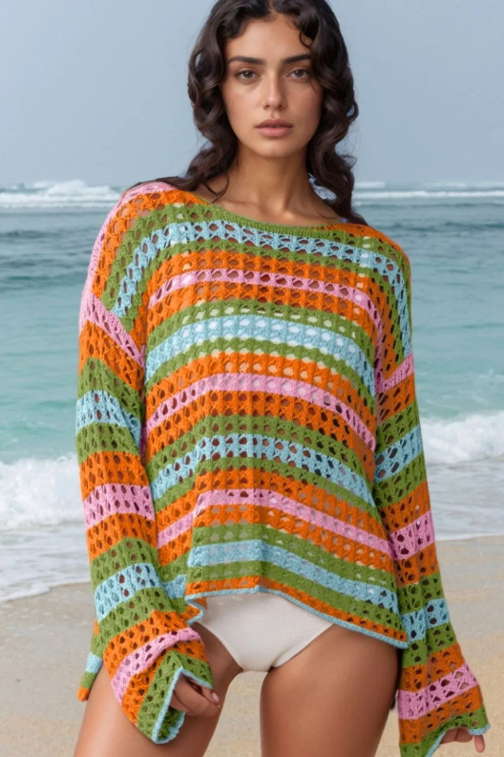 Openwork Round Neck Long Sleeve Knit Cover Up Sherbet OutfitFlow