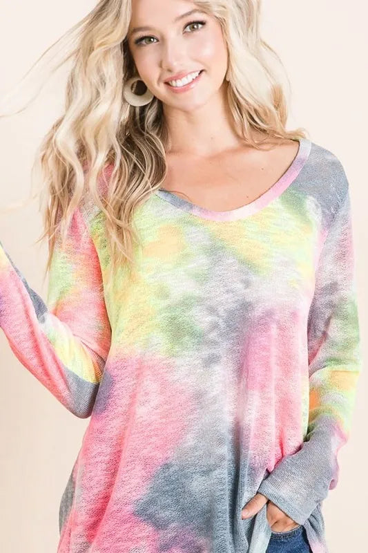 BiBi Tie Dye Print Low Gauge Knit Top OutfitFlow