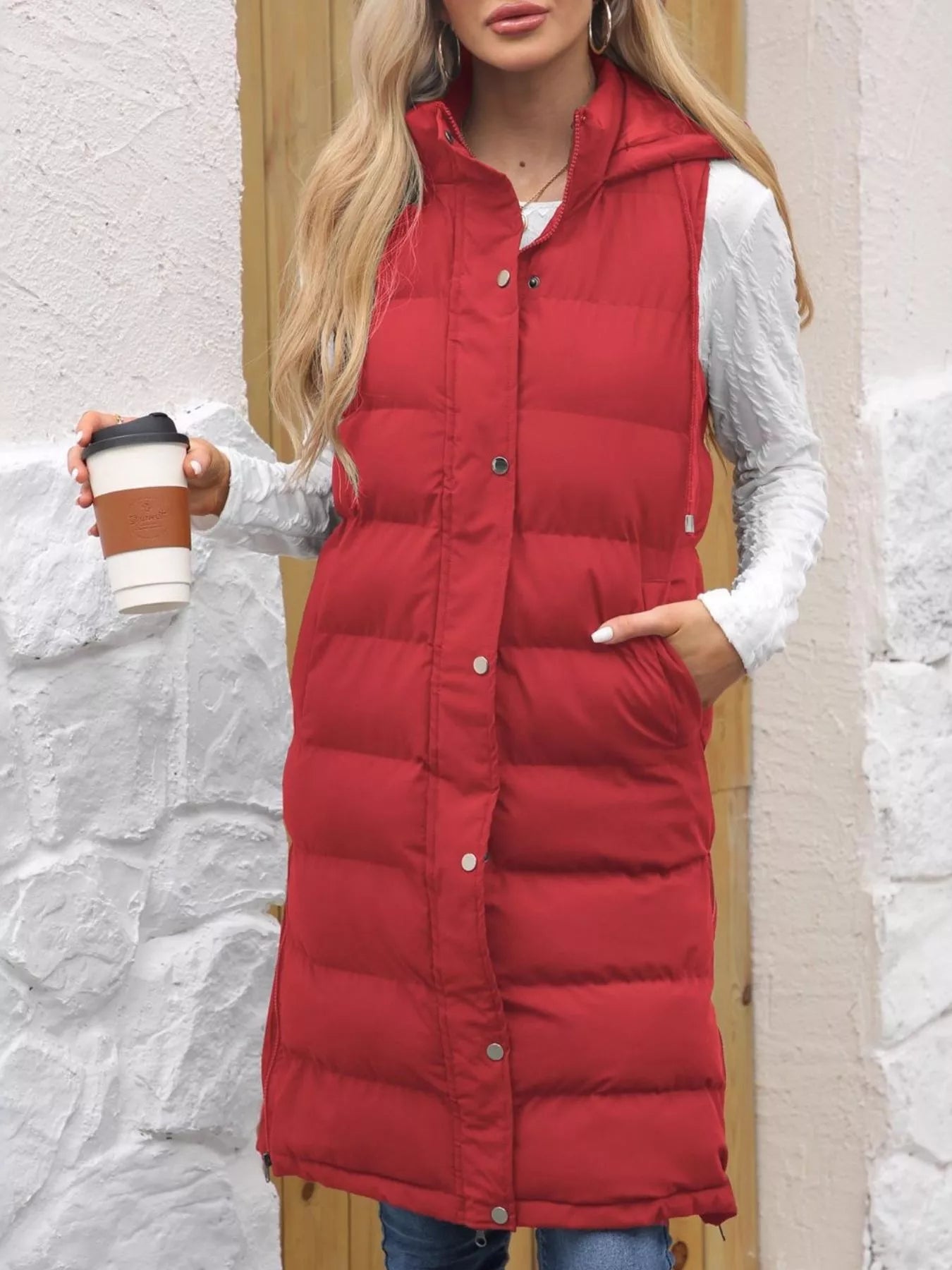 Full Size Snap Down Hooded Padded Longline Vest Coat Plus Size Red OutfitFlow