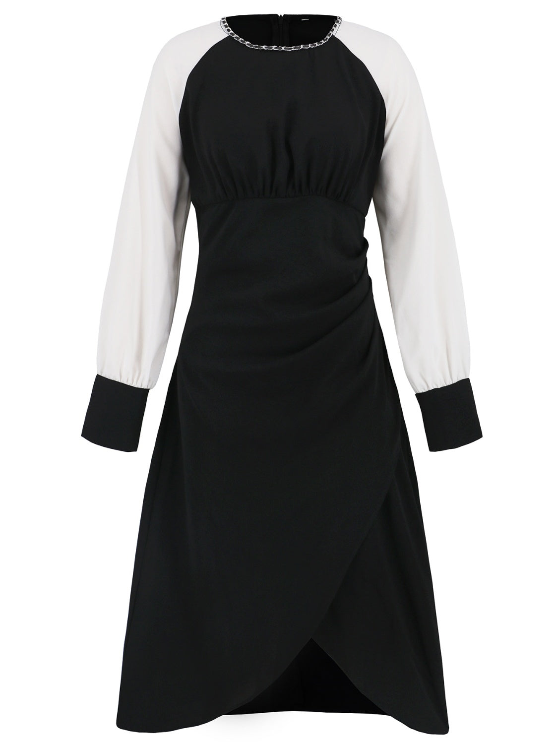 Outfit Flow - Ruched Contrast Long Sleeve Midi Dress