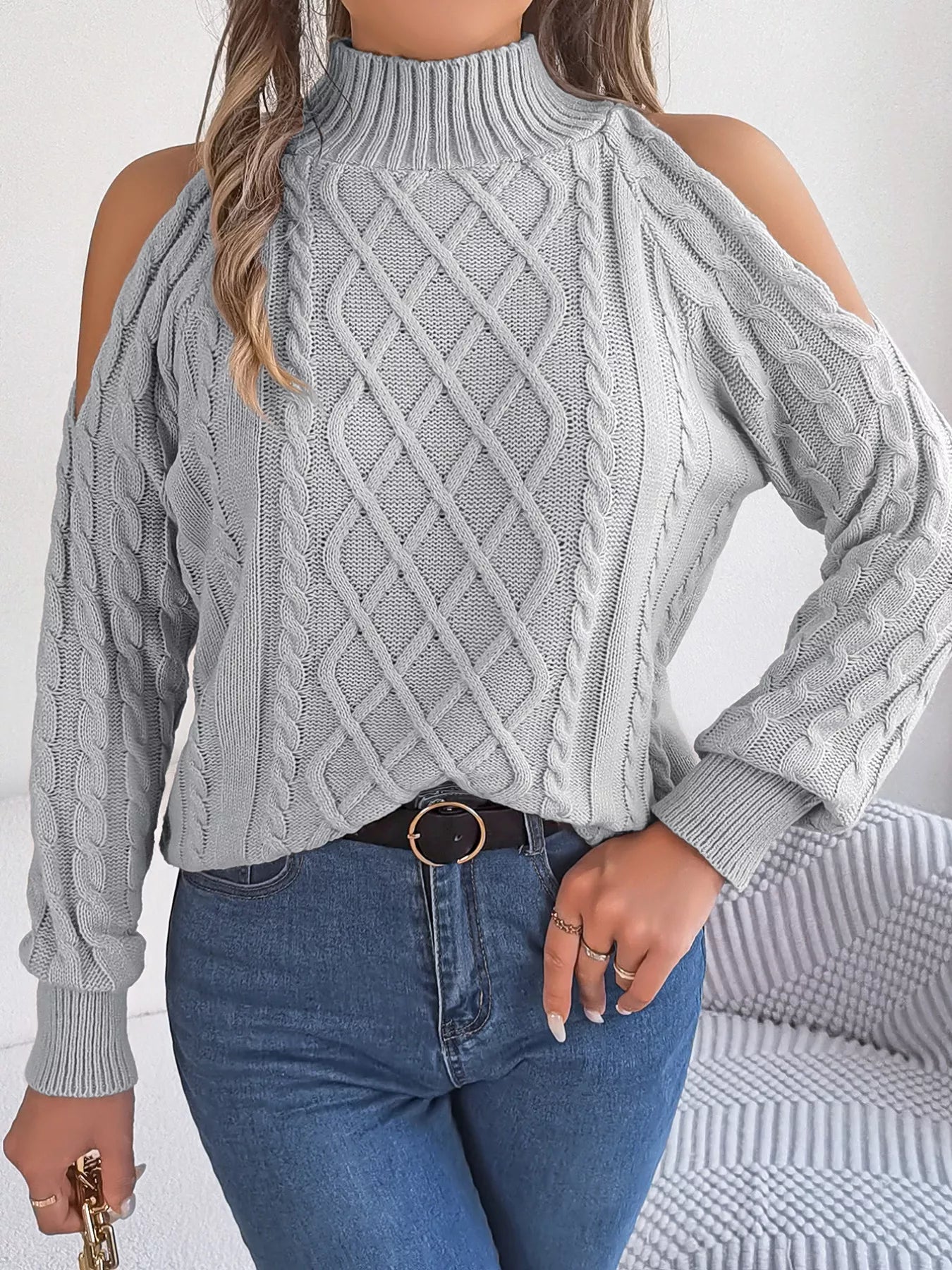 Cable Knit Cold Shoulder Turtleneck Sweater OutfitFlow