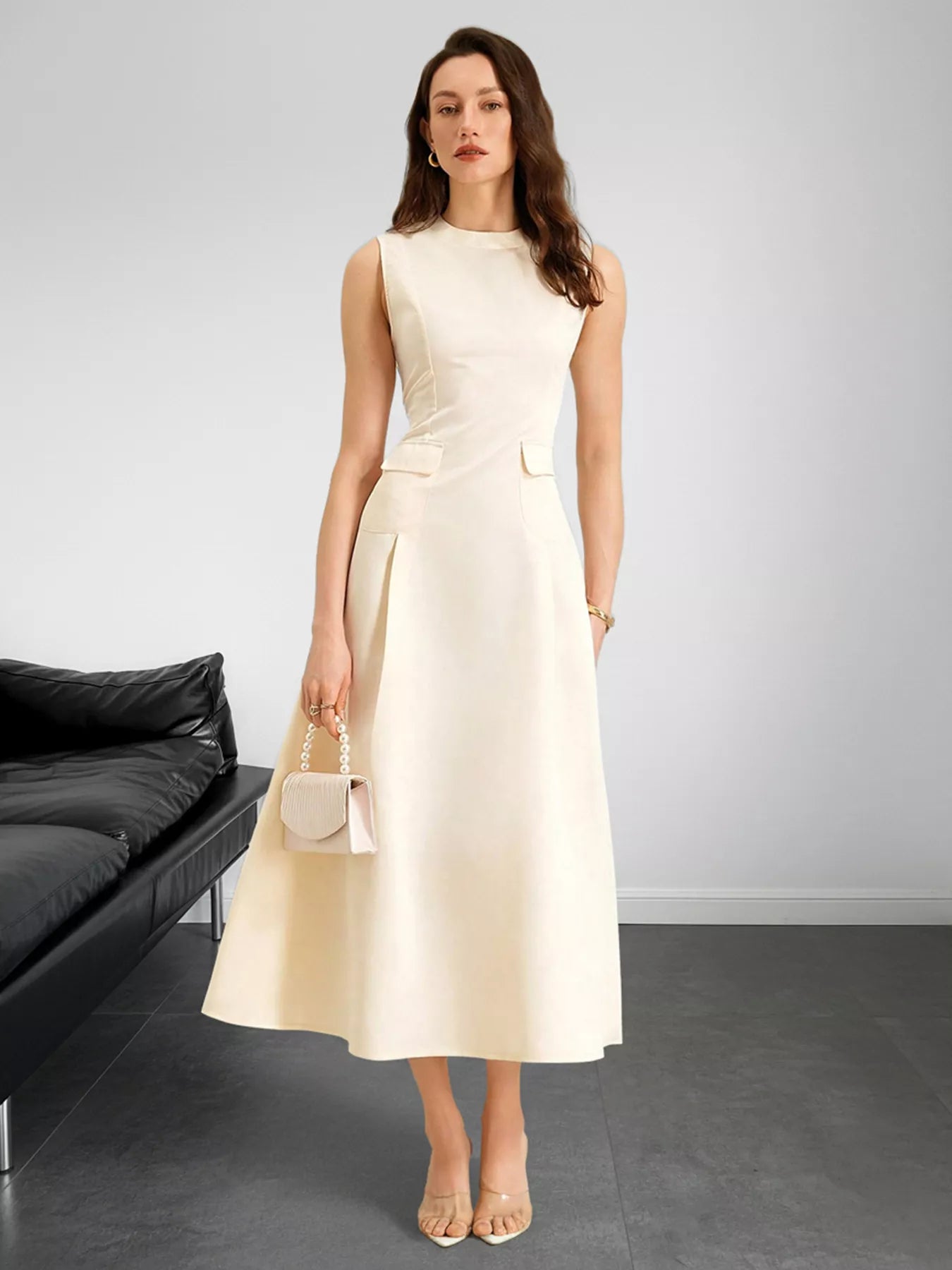 Sleeveless A-Line Midi Dress with Pockets OutfitFlow