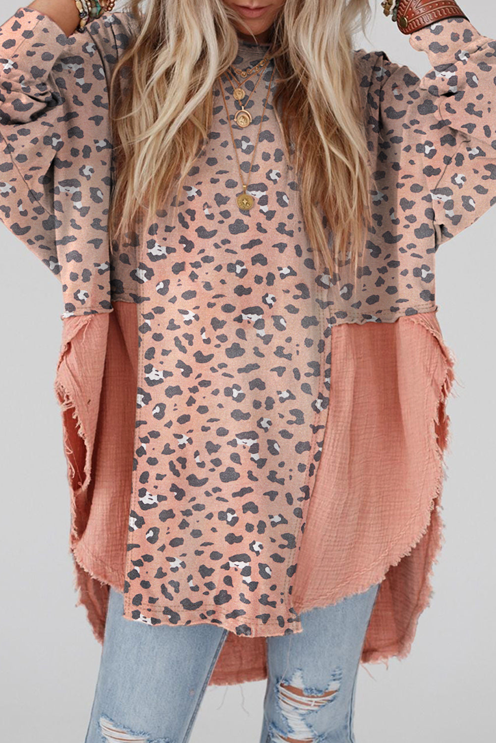 Textured Leopard Dropped Shoulder Blouse Blush Pink OutfitFlow