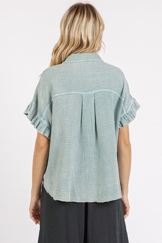 Mittoshop Mineral Washed Button Down Flounce Sleeve Shirt OutfitFlow
