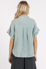 Mittoshop Mineral Washed Button Down Flounce Sleeve Shirt OutfitFlow