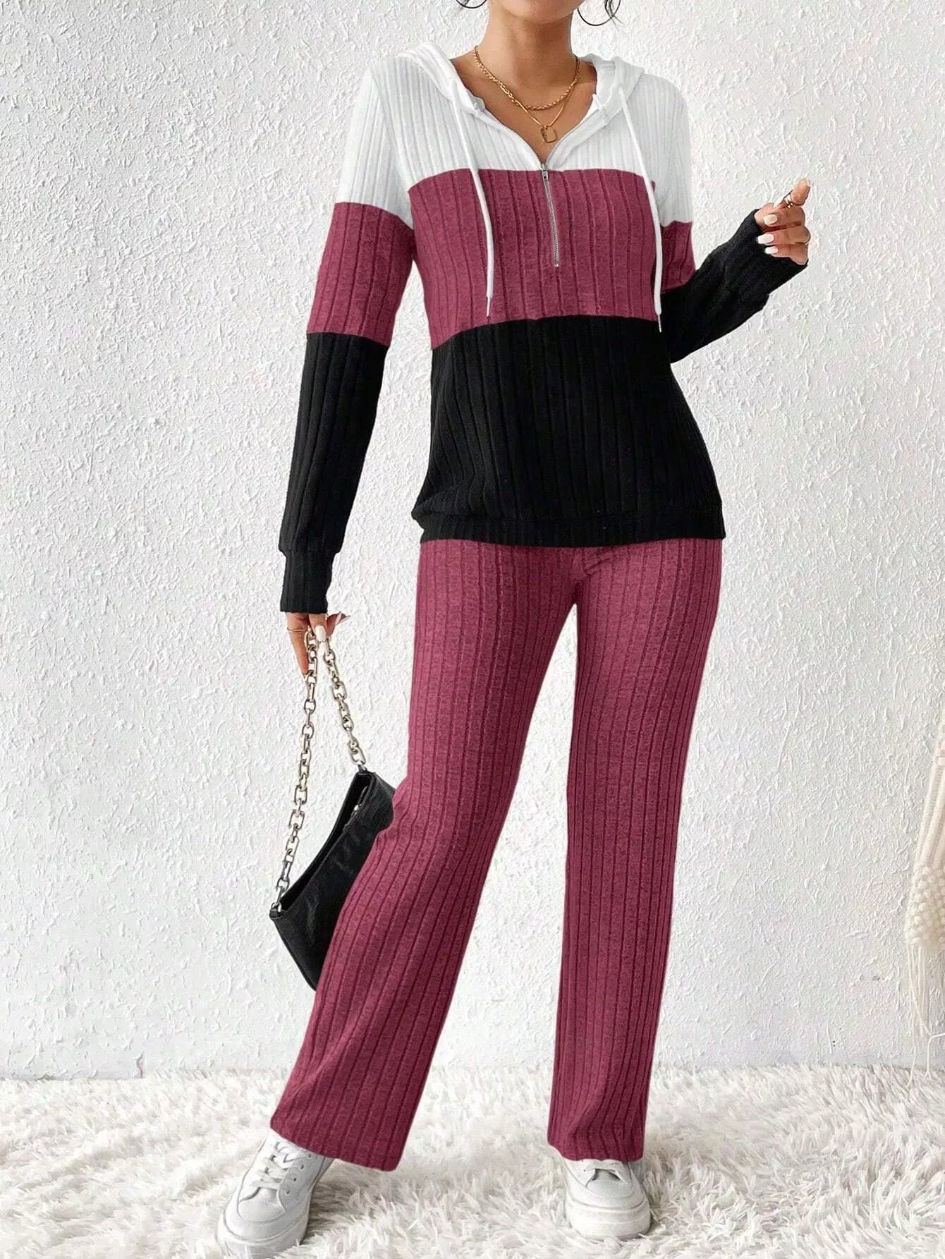 Color Block Half Zip Hooded Top and Pants Set Deep Purple OutfitFlow