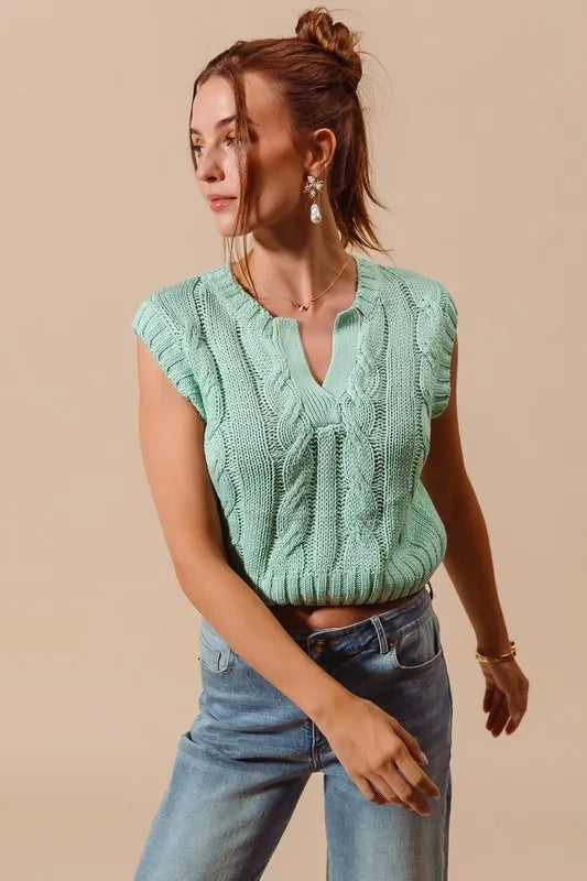 SO ME Notched Neck Cable Knit Sweater Vest OutfitFlow