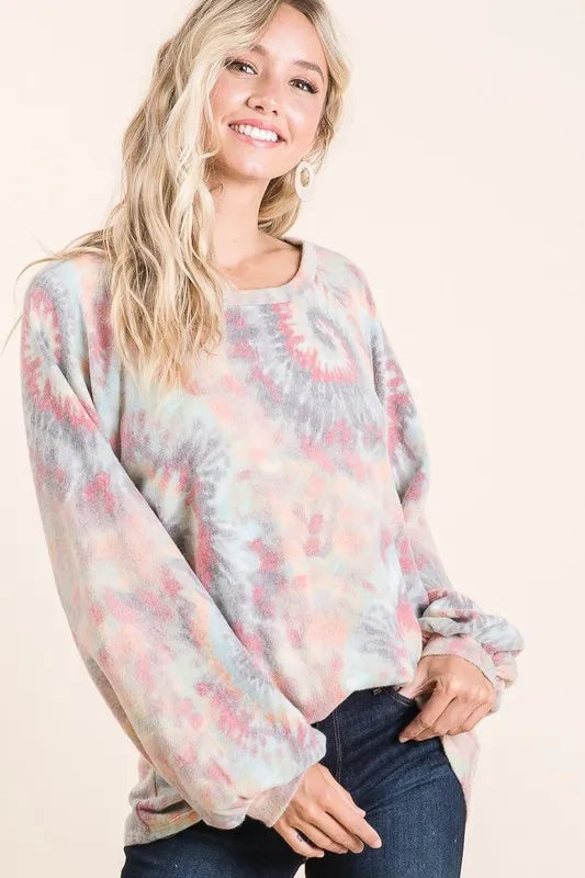 BiBi Brushed Tie Dye Print Top with Puff Sleeves OutfitFlow