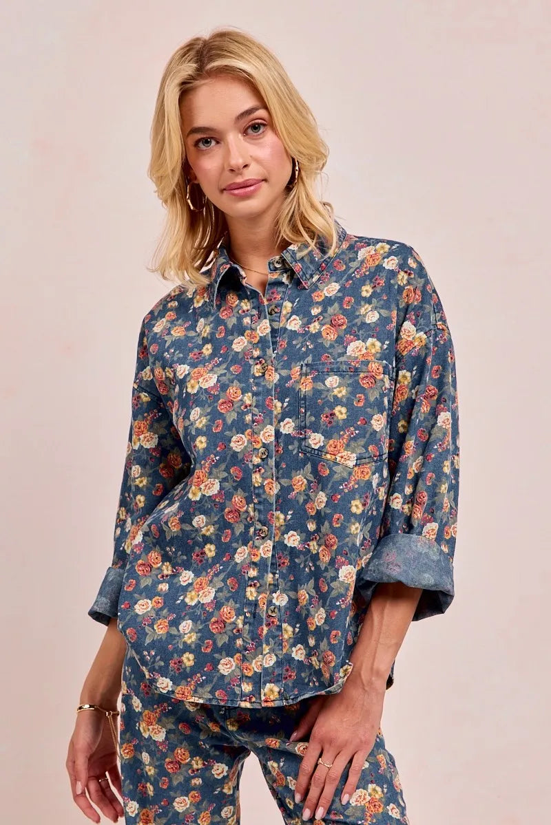BiBi Washed Floral Print Denim Jacket OutfitFlow