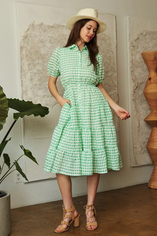 Davi & Dani Checkered Puff Sleeve Tiered Shirt Dress OutfitFlow