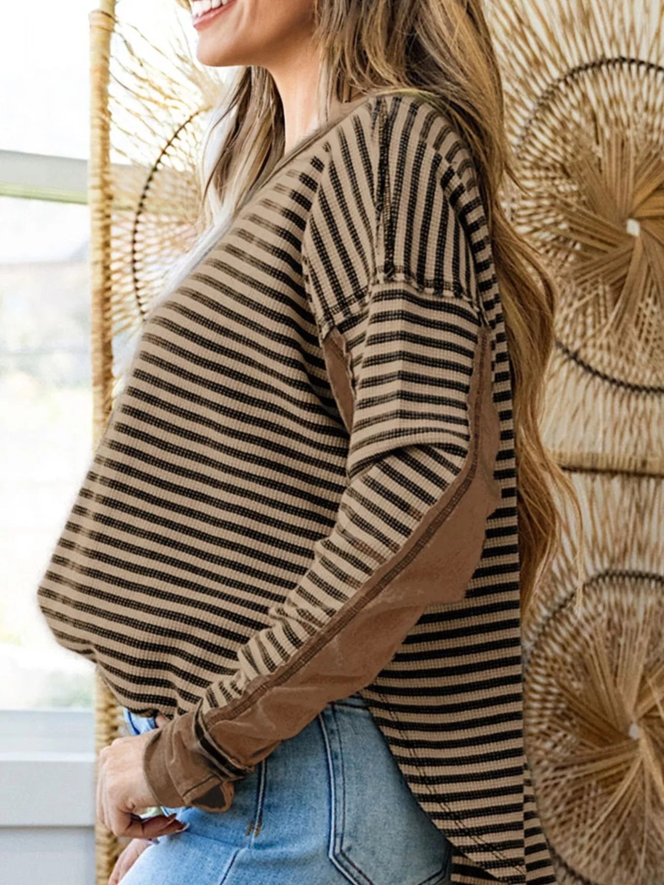 Stripe Thermal Knit Drop Shoulder Casual Top OutfitFlow