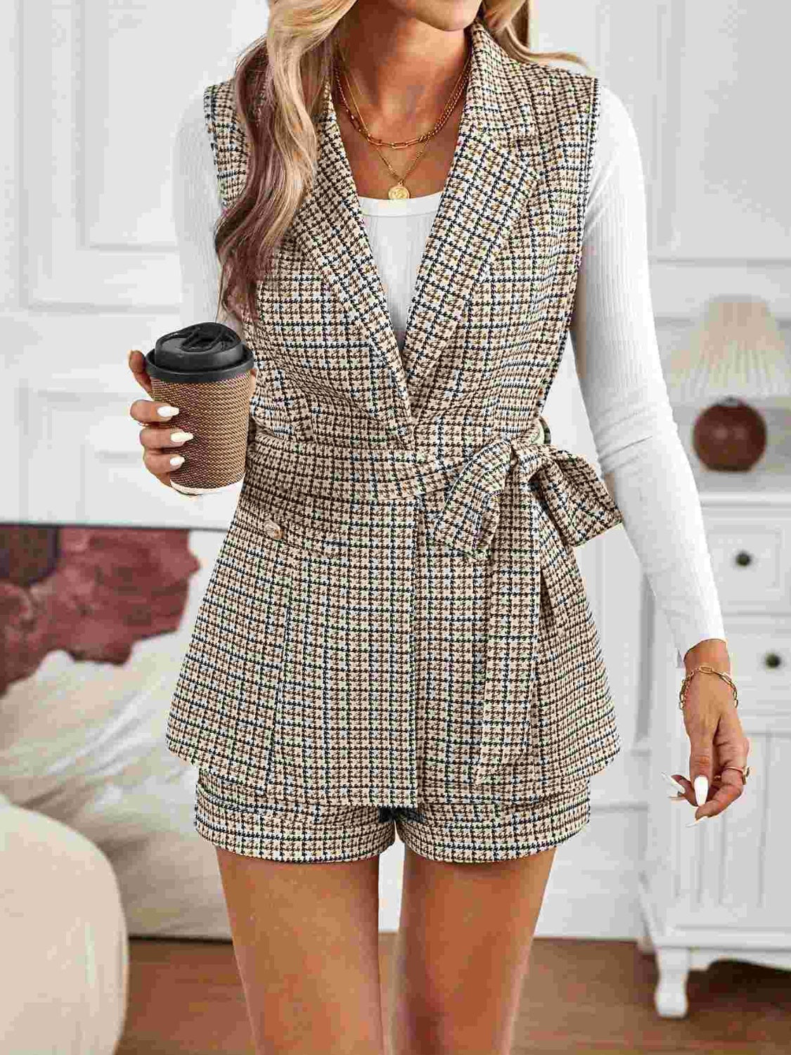 Outfit Flow - Tied Plaid Collared Neck Vest and Shorts Set