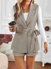 Outfit Flow - Tied Plaid Collared Neck Vest and Shorts Set