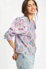 Umgee Printed Lace Puff Sleeve Blouse OutfitFlow