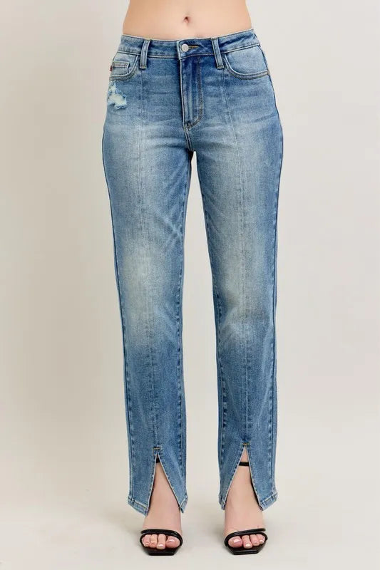 Judy Blue Full Size High Waist Vintage Wash Front Seam & Slit Straight Plus Size OutfitFlow