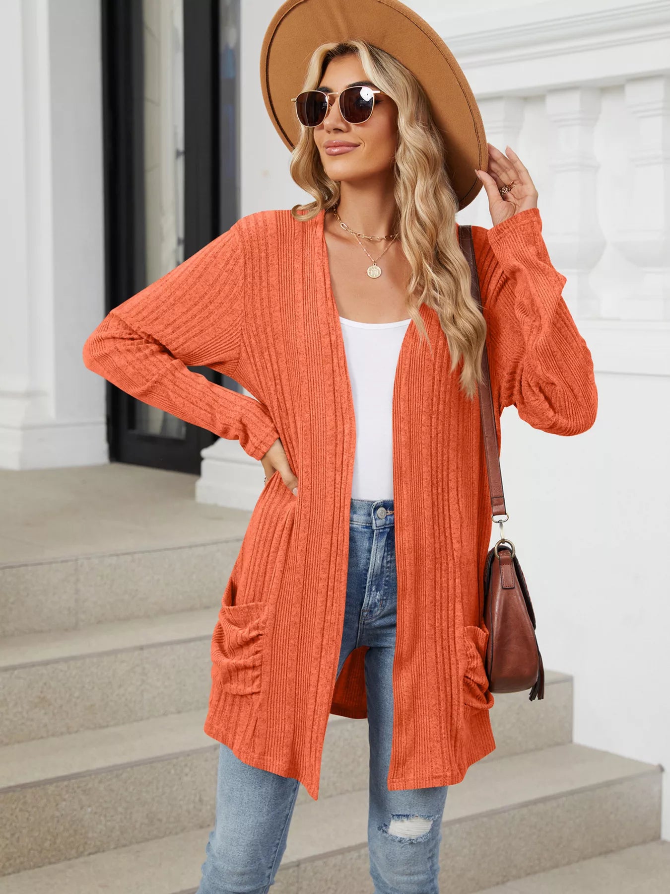 Open Front Long Cardigan Orange OutfitFlow