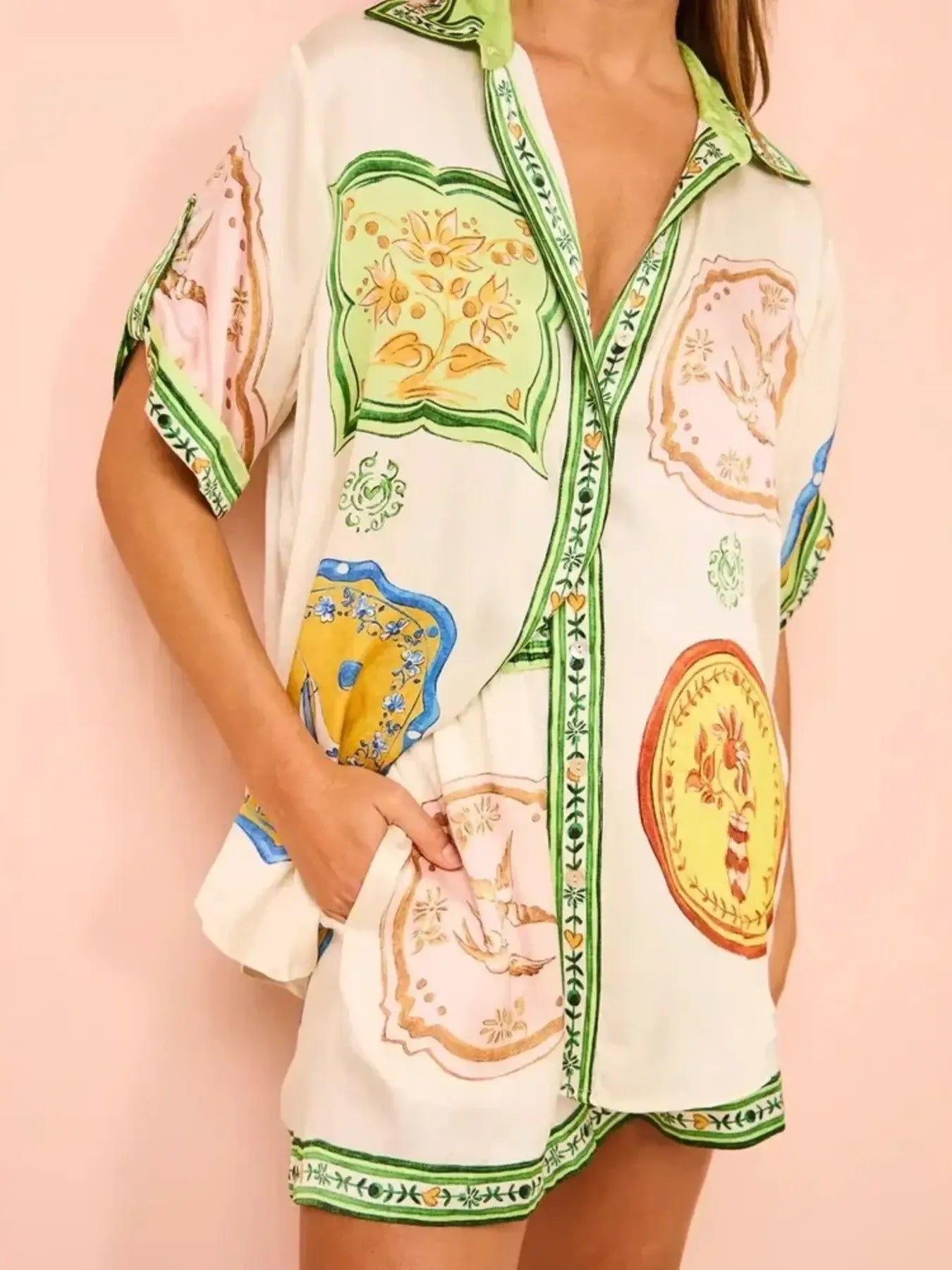 Printed Button Up Shirt and Shorts Set Milky White OutfitFlow