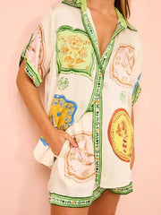 Printed Button Up Shirt and Shorts Set Milky White OutfitFlow