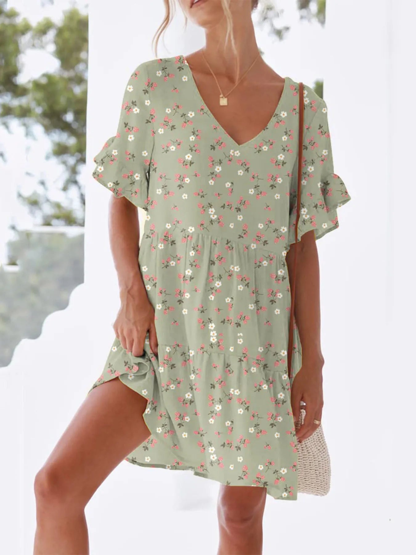 Polka Dot V-Neck Short Sleeve Mini Dress Sage OutfitFlow