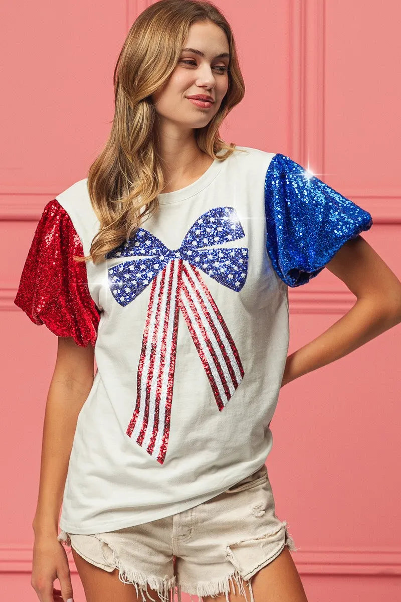 BiBi Sequin American Flag Bow Top OutfitFlow
