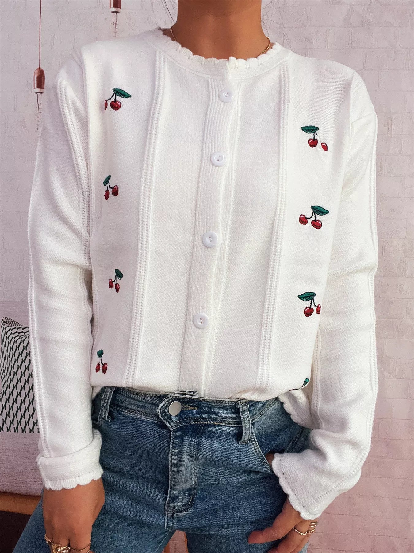 Cherry Embroidered Button Up Cardigan White One Size OutfitFlow