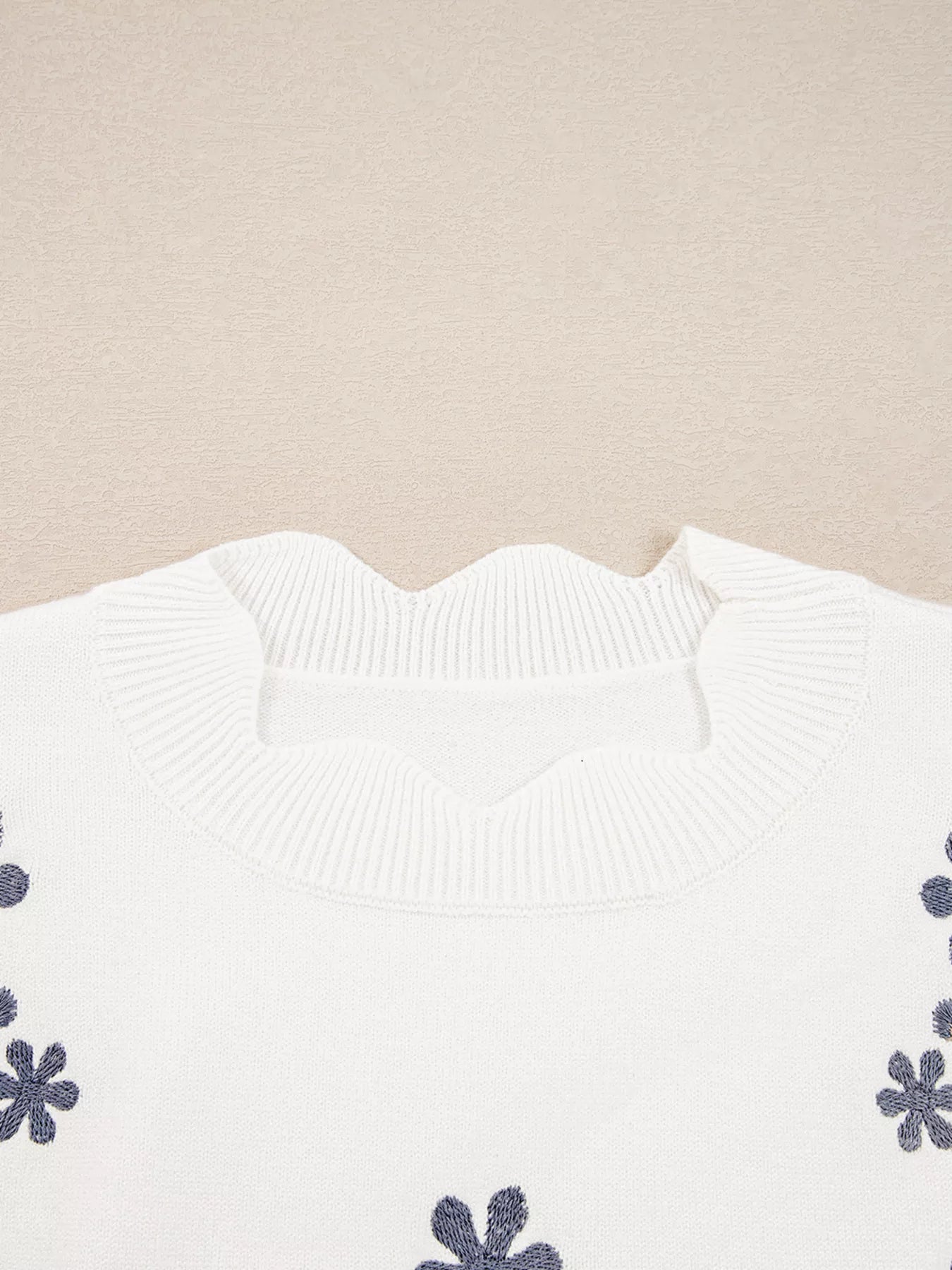 Floral Embroidered Scallop Hem Cropped Sweater Trendsi