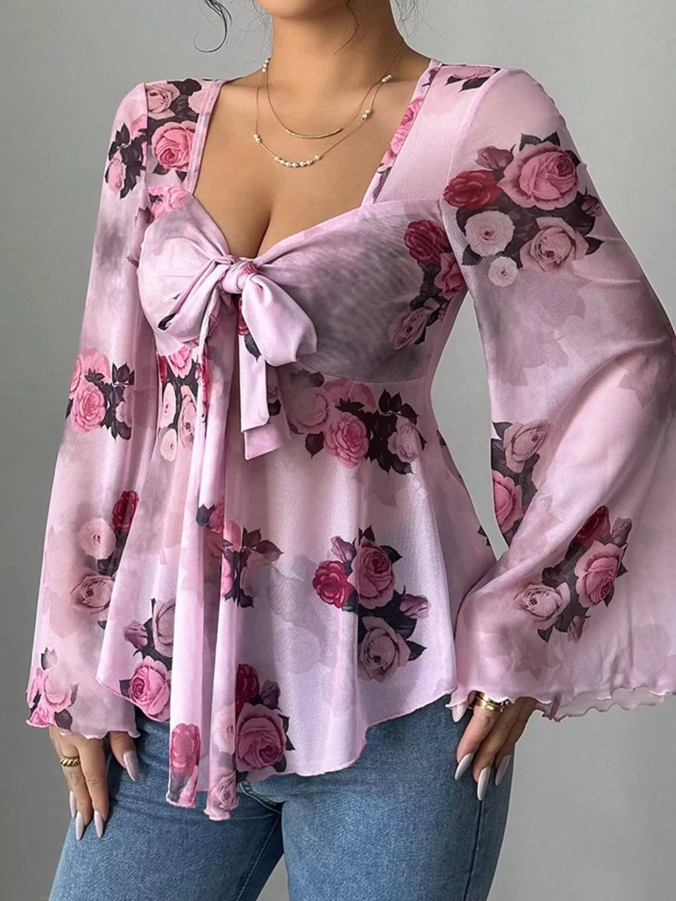 Floral Print Tie Front Flare Sleeve Blouse OutfitFlow