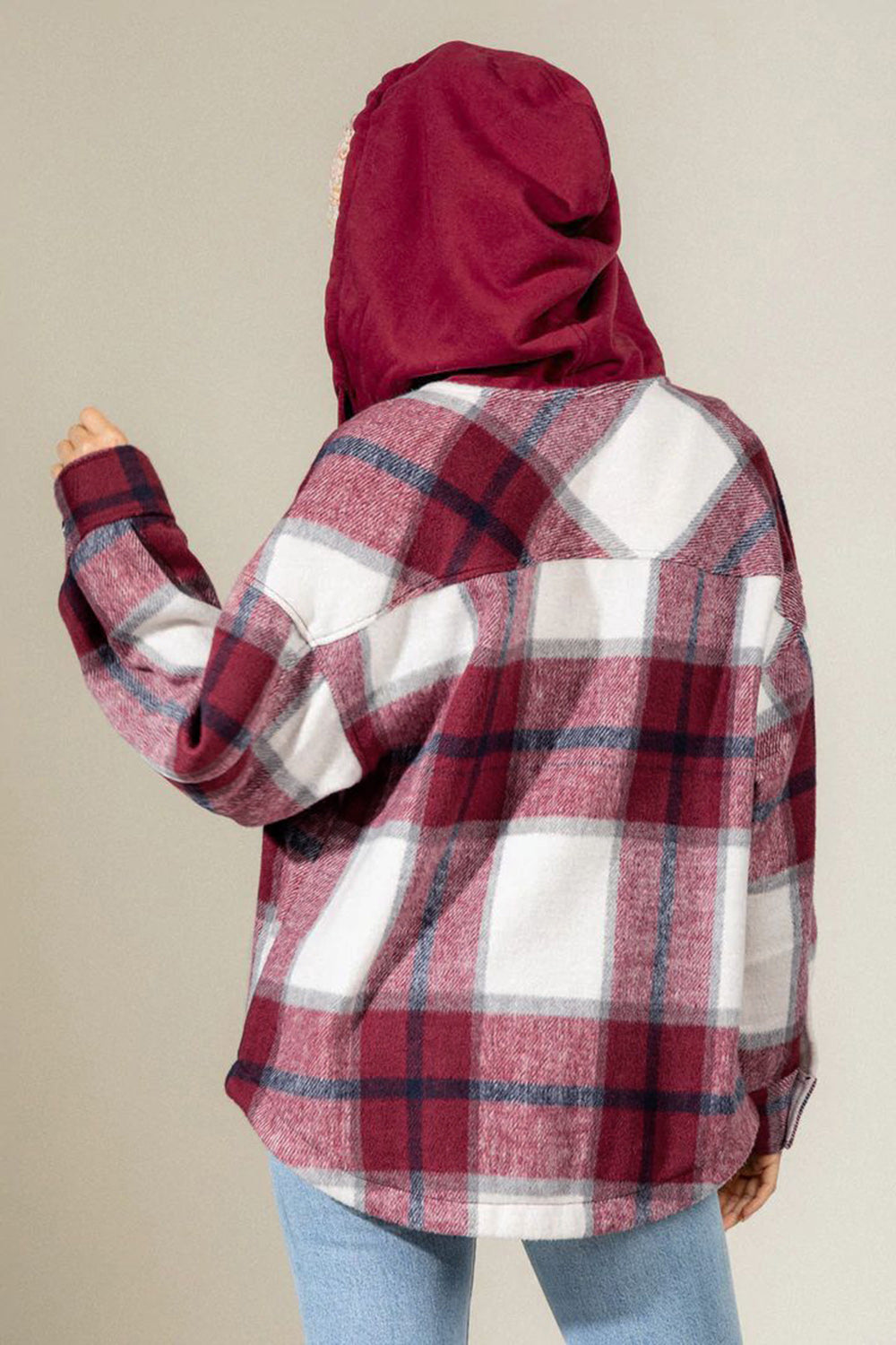 Outfit Flow - Drawstring Plaid Dropped Shoulder Hooded Jacket