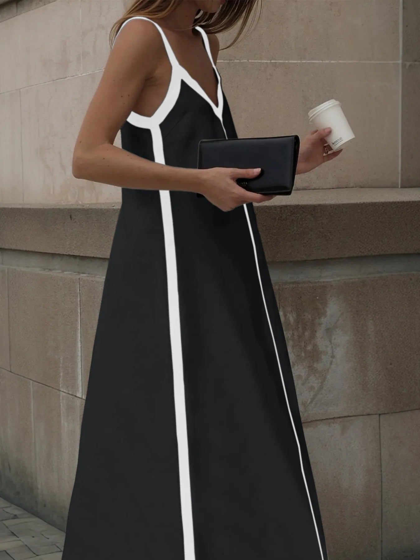 Contrast Trim V-Neck Maxi Dress OutfitFlow