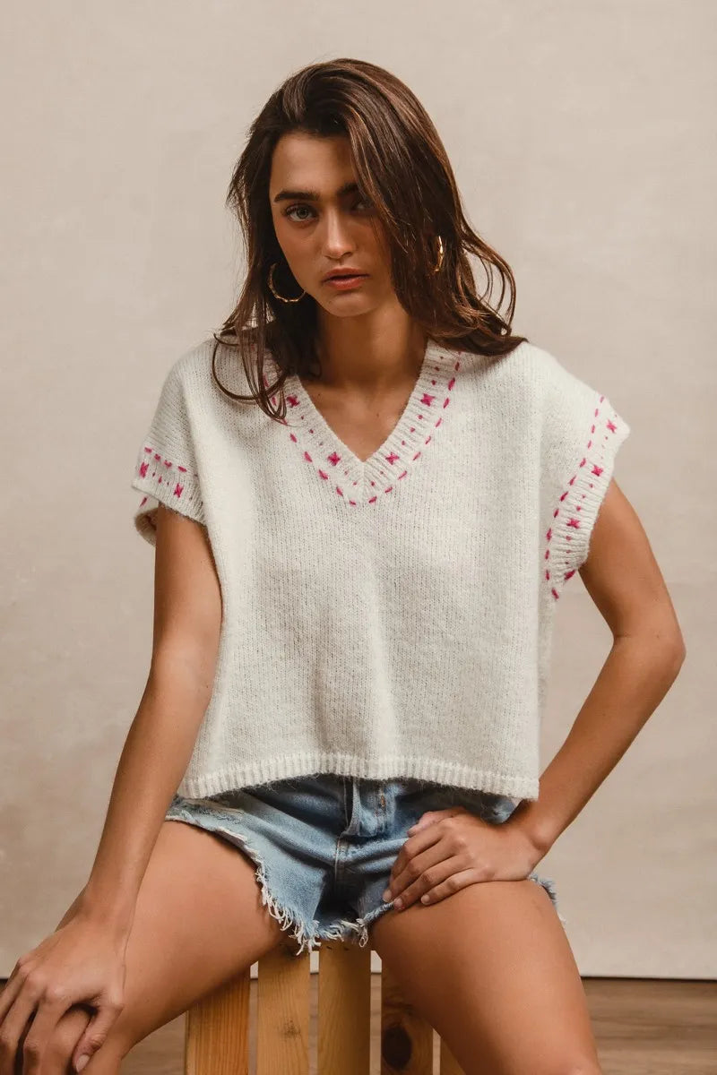BiBi Knit Solid Contrast Stitch Detail Short Sleeves Sweater OutfitFlow