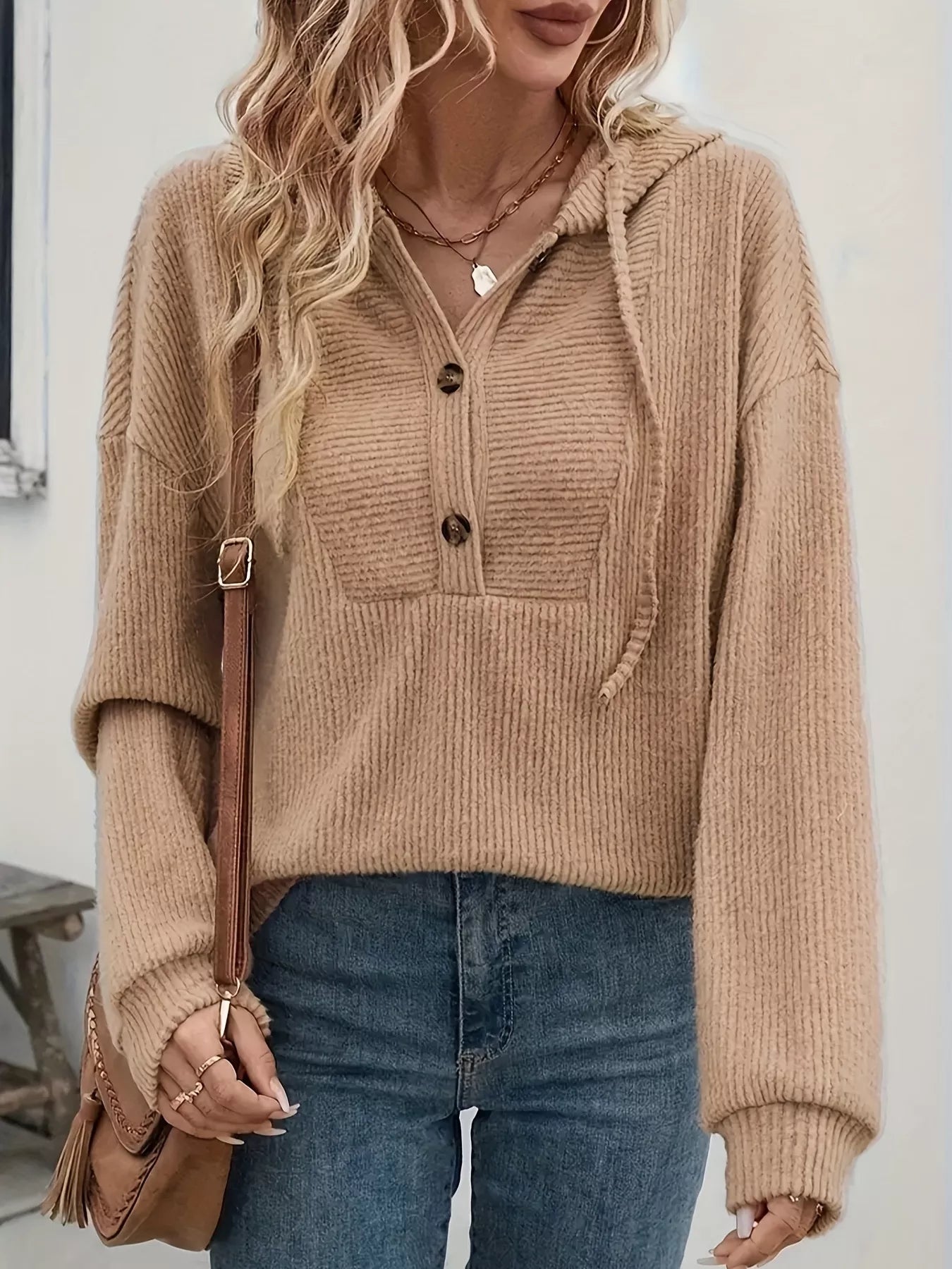 Button-Front Drawstring Hoodie OutfitFlow