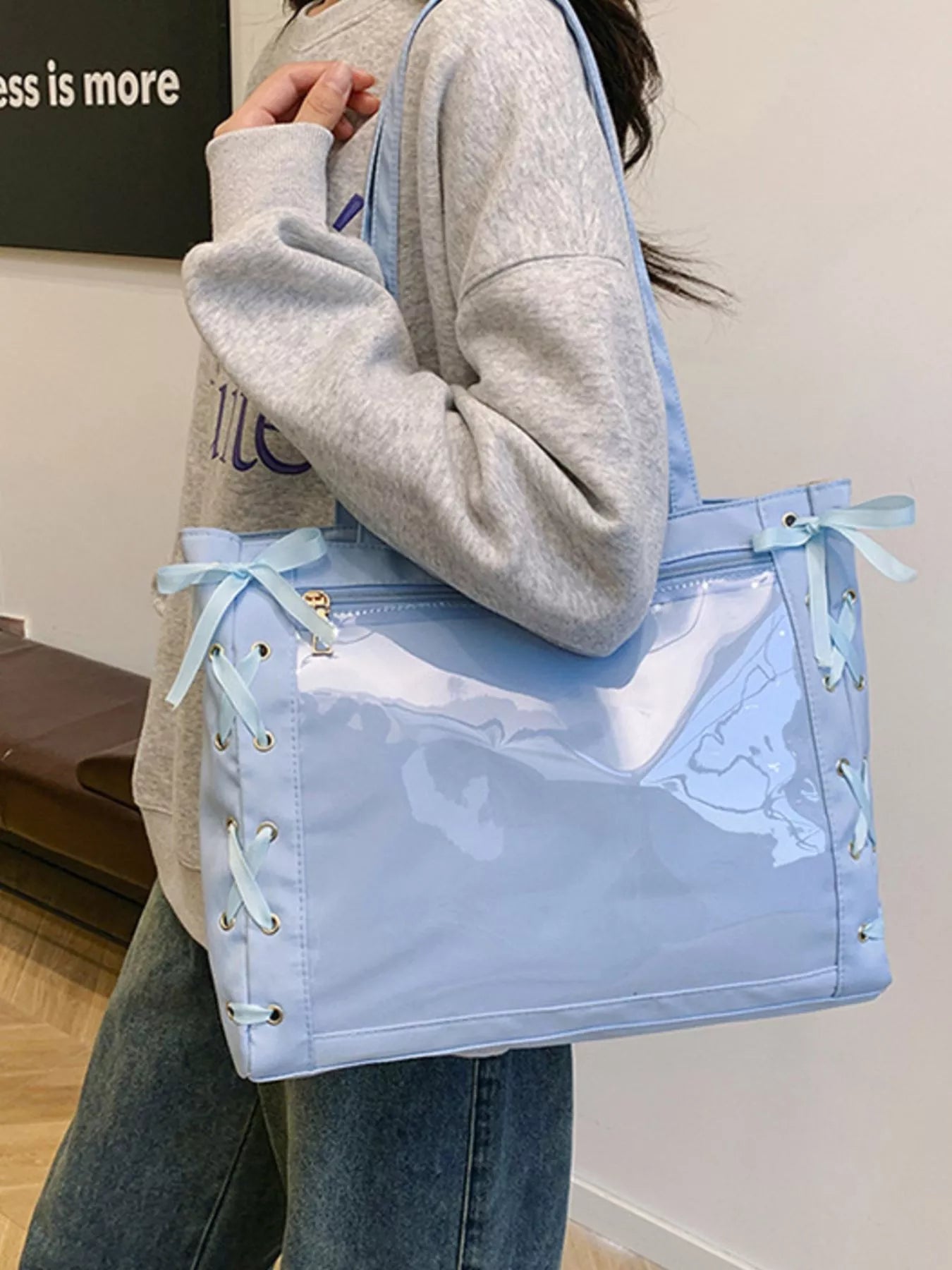 Lace-Up Trim Clear Panel Shoulder Bag Blue onesize OutfitFlow