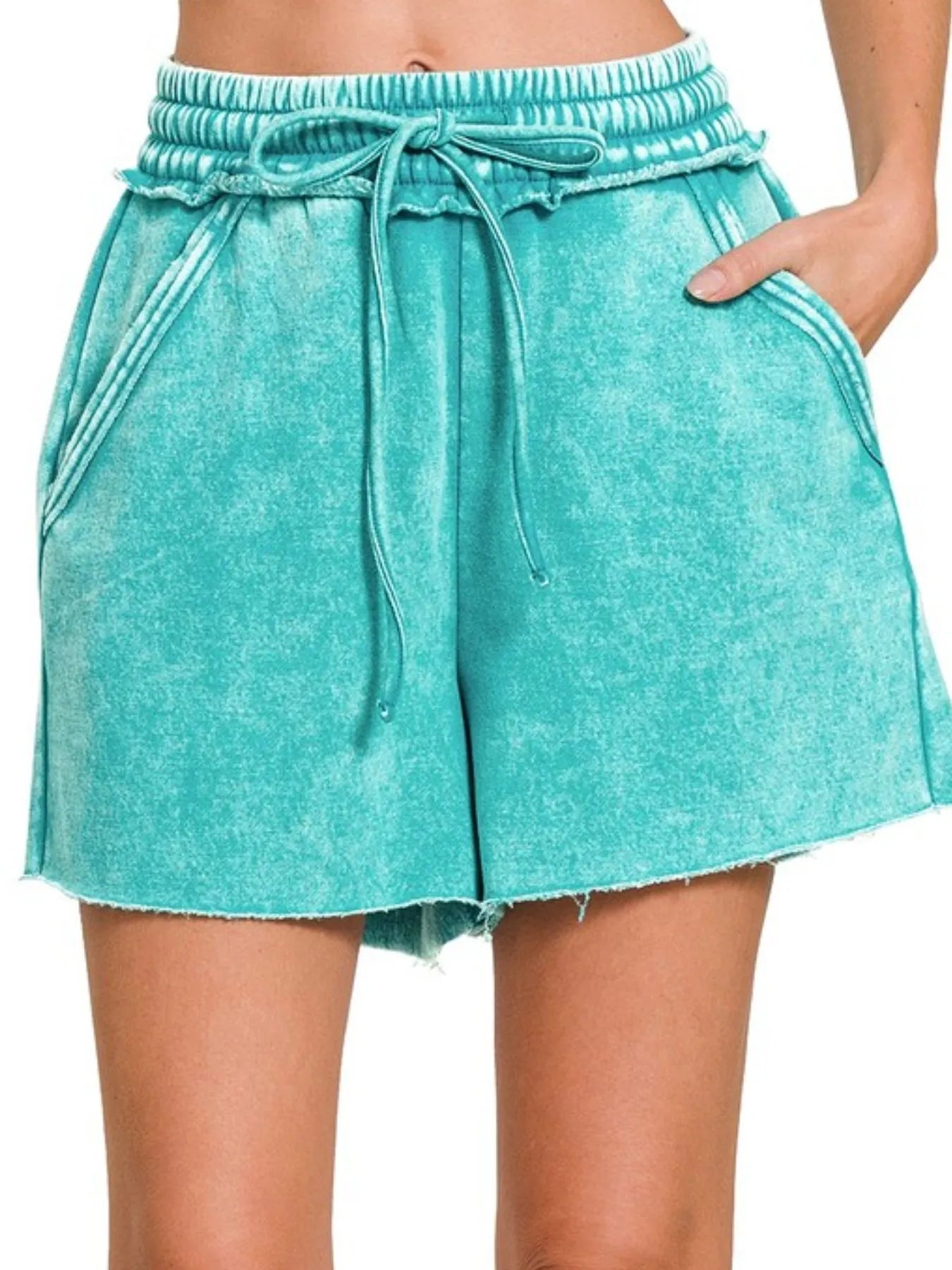 Zenana Acid Wash Fleece Drawstring Shorts With Pockets LT TEAL OutfitFlow