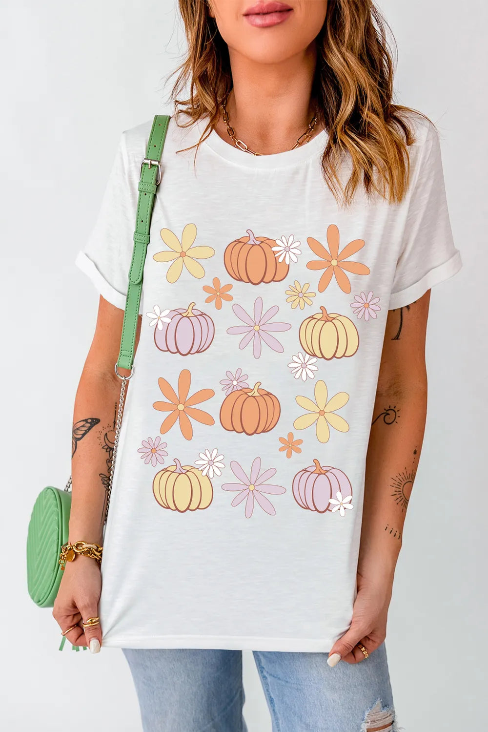 Pumpkin & Flower Round Neck Short Sleeve T-Shirt White OutfitFlow