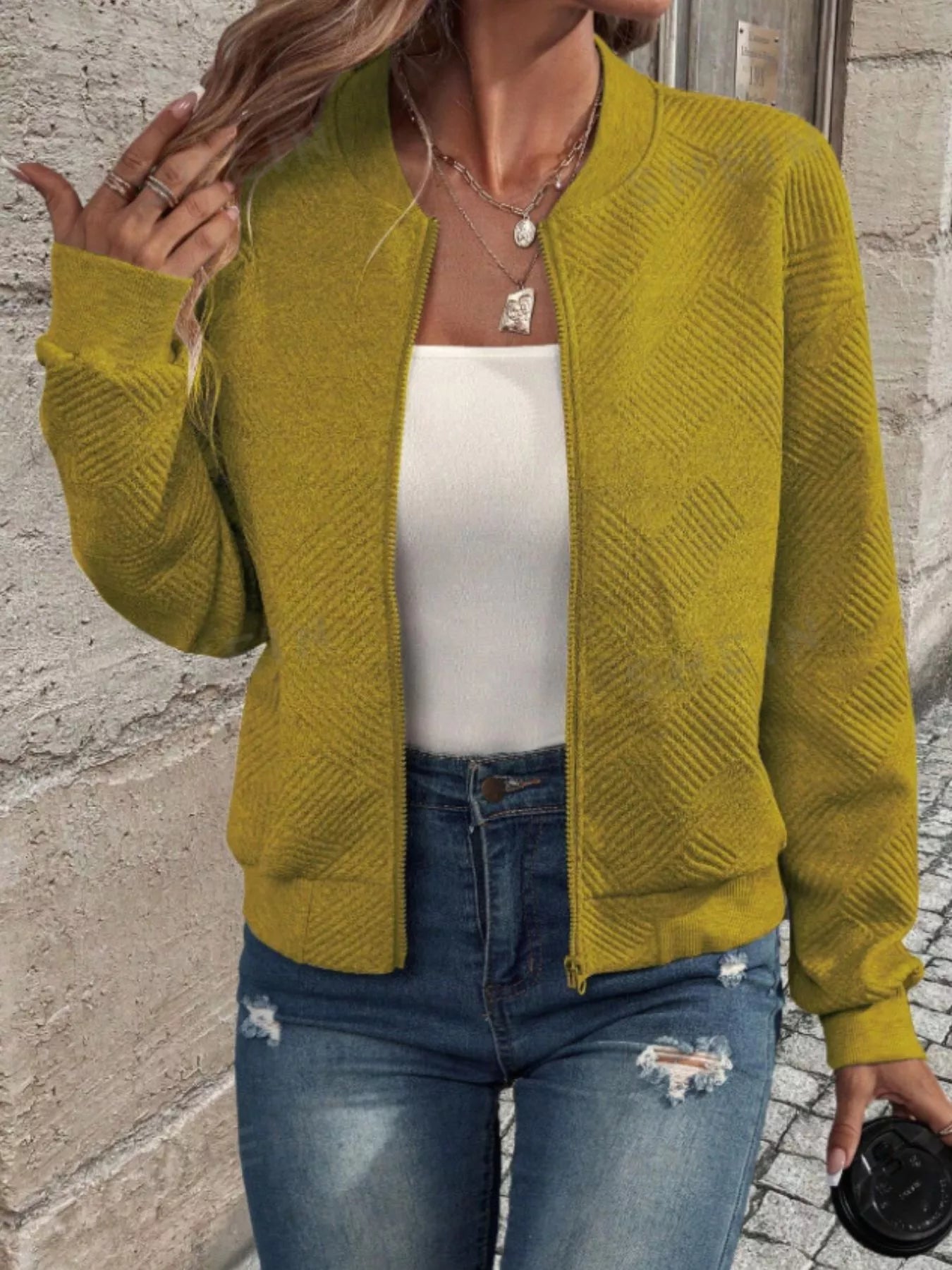 Textured Knit Zip-Up Bomber Jacket Khaki OutfitFlow