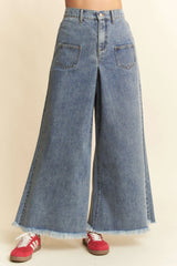 Davi & Dani Patch Pocket Wide Leg Culotte Jeans OutfitFlow