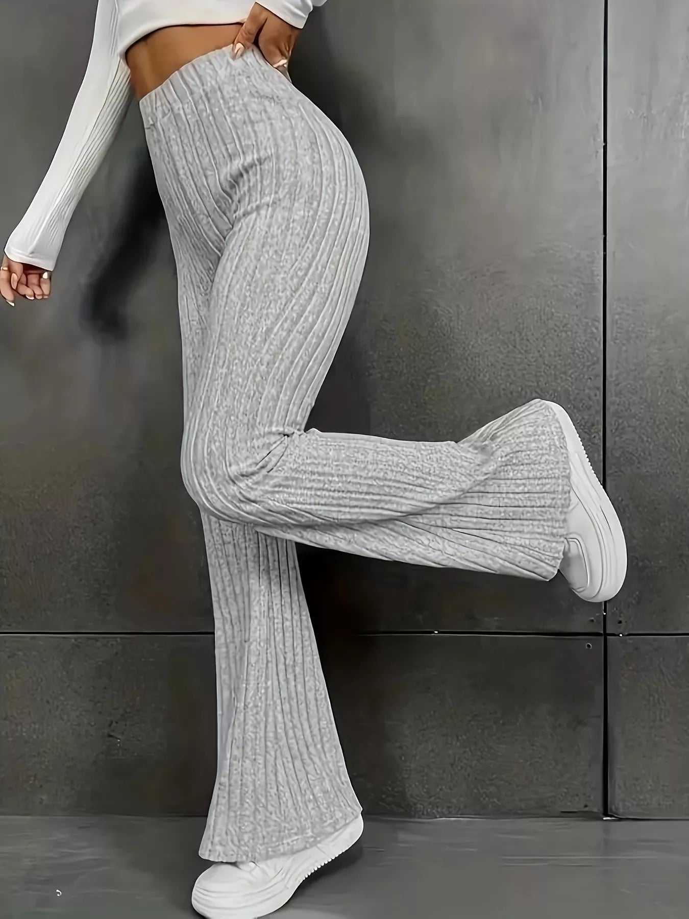 Plus Size Ribbed Knit High Waist Flare Pants OutfitFlow