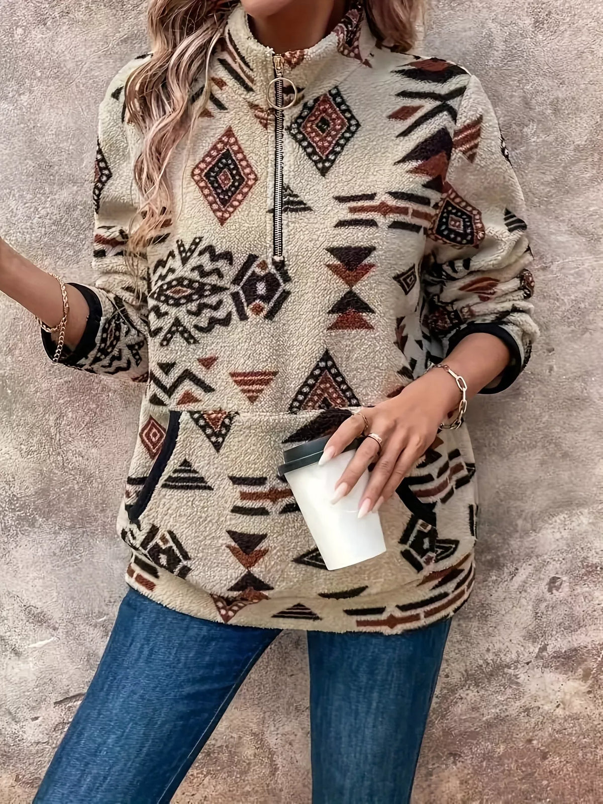 Geometric Half Zip Long Sleeve Sweatshirt Apricot OutfitFlow