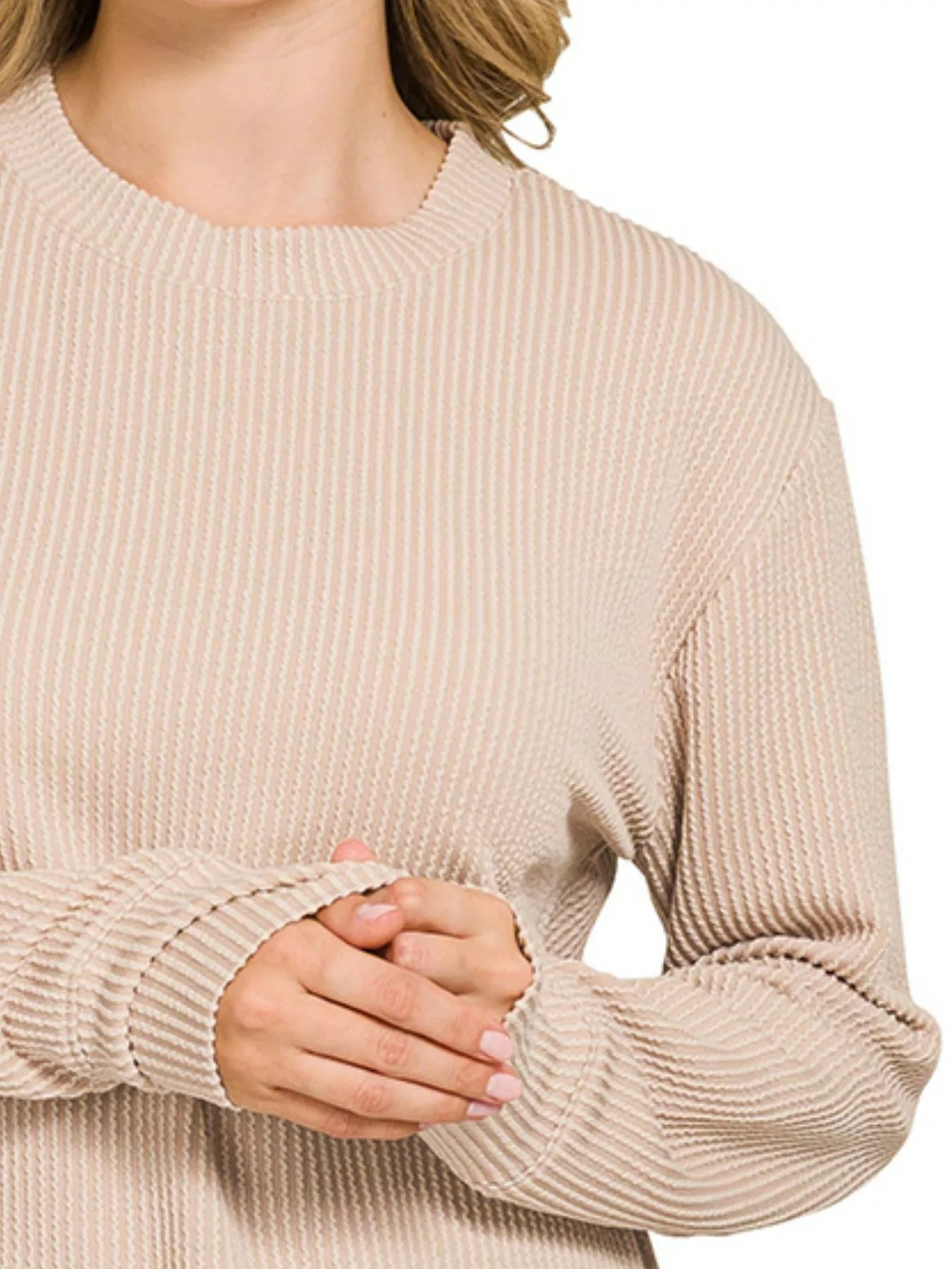 Zenana Full Size Raised Rib Round Neck Long Sleeve Top Plus Size OutfitFlow
