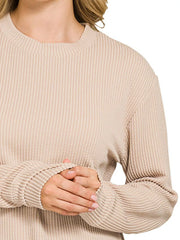 Zenana Full Size Raised Rib Round Neck Long Sleeve Top Plus Size OutfitFlow