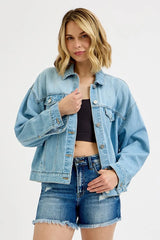 RISEN Washed Dropped Shoulder Denim Jacket OutfitFlow