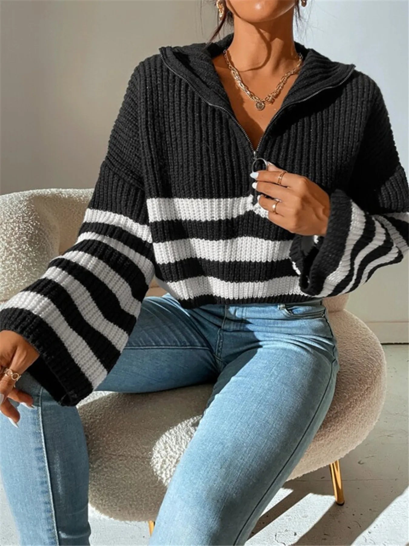 Striped Half Zip Cropped Sweater OutfitFlow