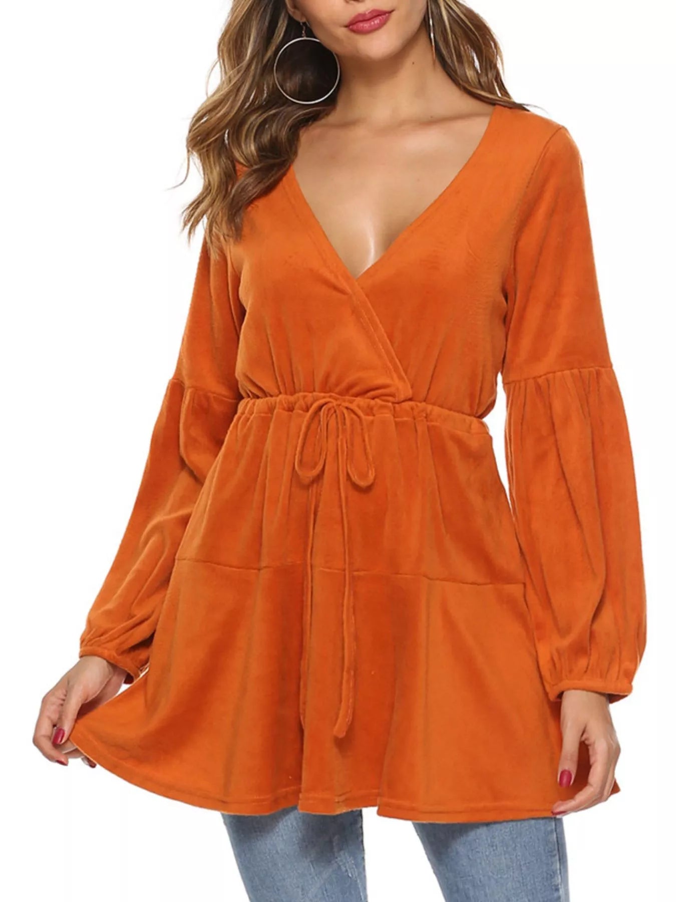 Velvet Long Sleeve Drawstring Blouse Trendsi