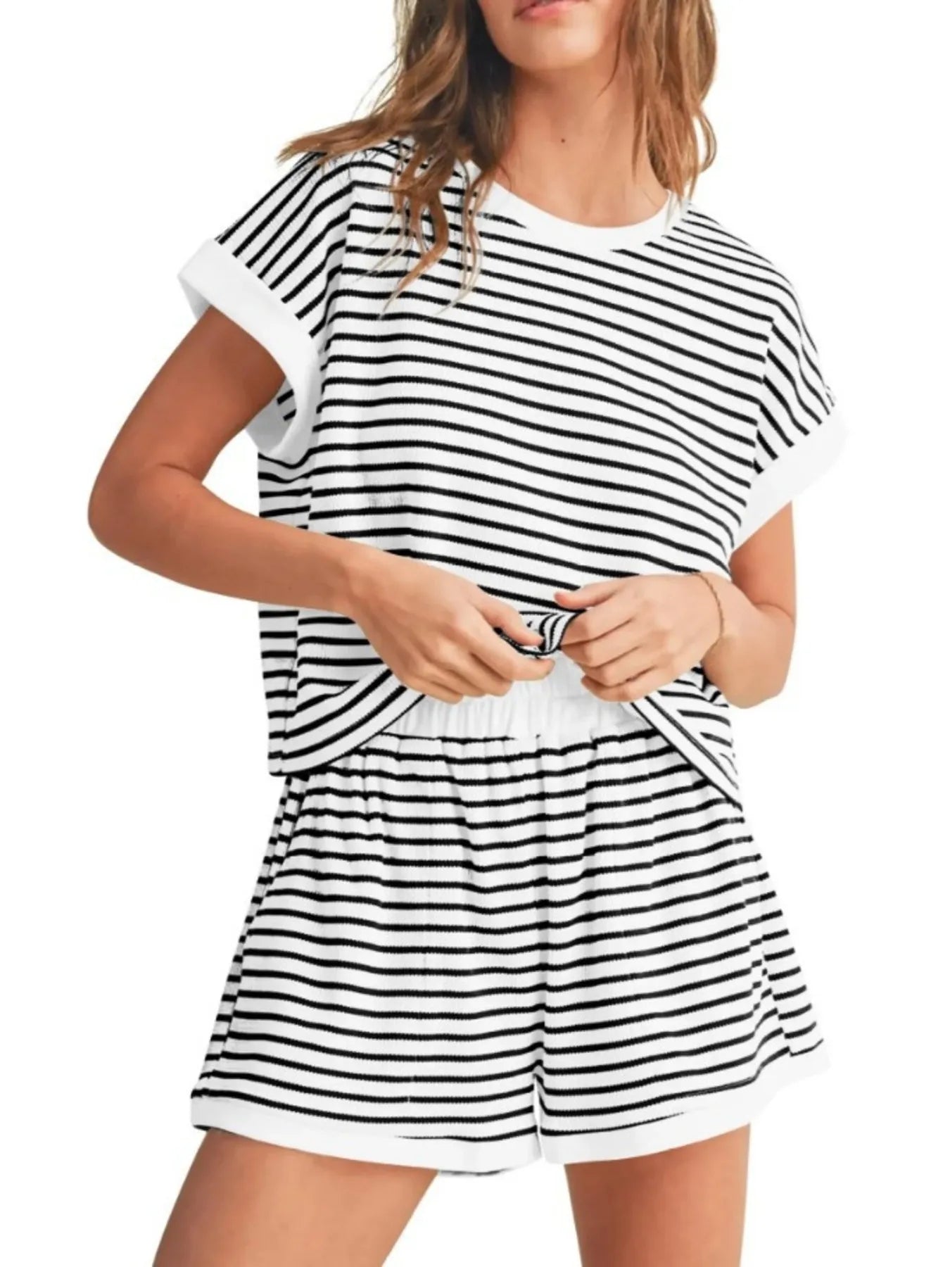 Full Size Contrast Striped T-Shirt and Shorts Set Plus Size Black Stripes On White Background OutfitFlow