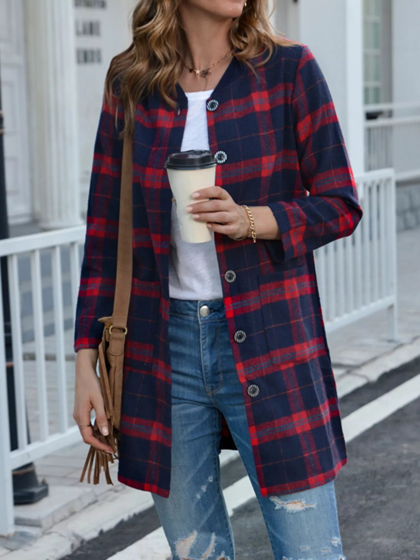 Plus Size Plaid Button-Down Longline Shirt OutfitFlow