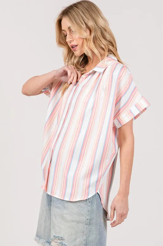 SAGE+FIG Full Size Multi Stripe Button Down Short Sleeve Shirt Plus Size OutfitFlow