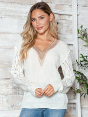 Openwork V-Neck Long Sleeve Sweater Trendsi